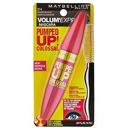 Maybelline New York Volum' Express Pumped Up Colossal Mascara, Washable Formula Infused with Collagen for Up To 16x Lash Volume, Glam Black, 1 Count