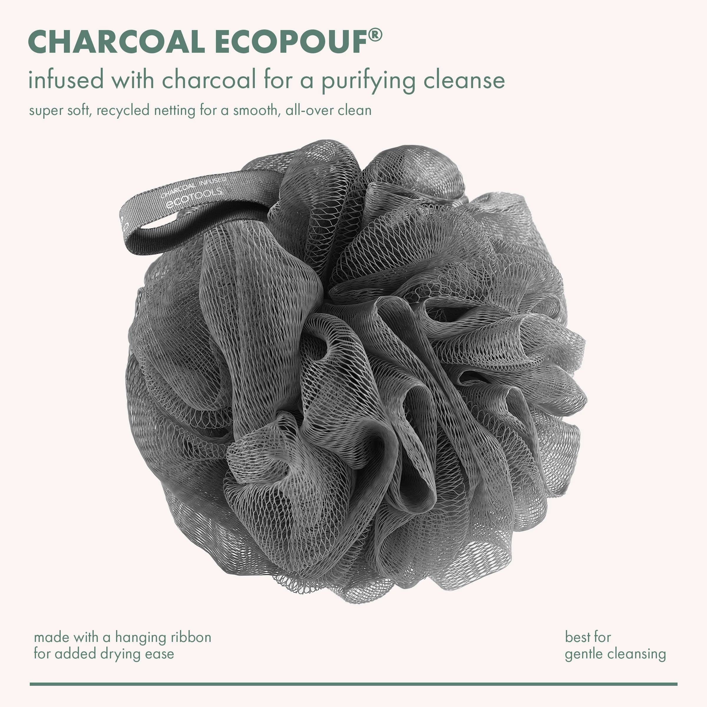 EcoTools Charcoal Infused EcoPouf, Detoxifying Mesh Bath Loofah, Gentle & Exfoliating Recycled Netting, Draws Out Dirt & Impurities, Sustainable & Eco Friendly Bath Sponge, Grey, 6 Count