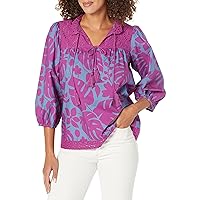 Women's Print Top with Embroidered Yoke and Tie Neck