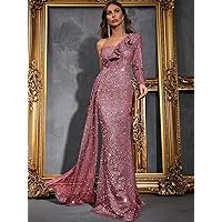 TLULY Dress for Women One Shoulder Draped Side Split Thigh Sequin Formal Dress (Color : Dusty Pink, Size : X-Small)
