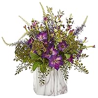 Nearly Natural Morning Glory Artificial Plant in Marble Finished Vase Silk Arrangements Purple