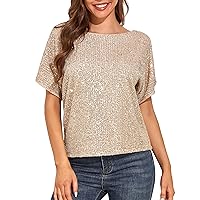 PrettyGuide Women's Sparkly Sequin Tops Short Sleeve Glitter Loose Party Shirt Blouse Boat Neck Dressy Top