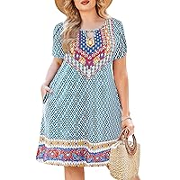 IN'VOLAND Women's Plus Size Casual Dresses with Pockets Summer Beach Floral Tshirt Short Sleeve Loose Flowy Sundresses