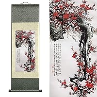 AtfArt Asian Wall Decor Beautiful Silk Scroll Painting Flowers - Proud Plum - Iron Heart Oriental Decor Chinese Art Wall Scroll Wall Hanging Painting Scroll (36.2 x 12 in)