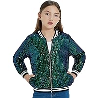 EXARUS Girls Sequin Bomber Jacket with Pockets Sparkle Lightweight Zipper Long Sleeve Jackets for Kid 6-12Y