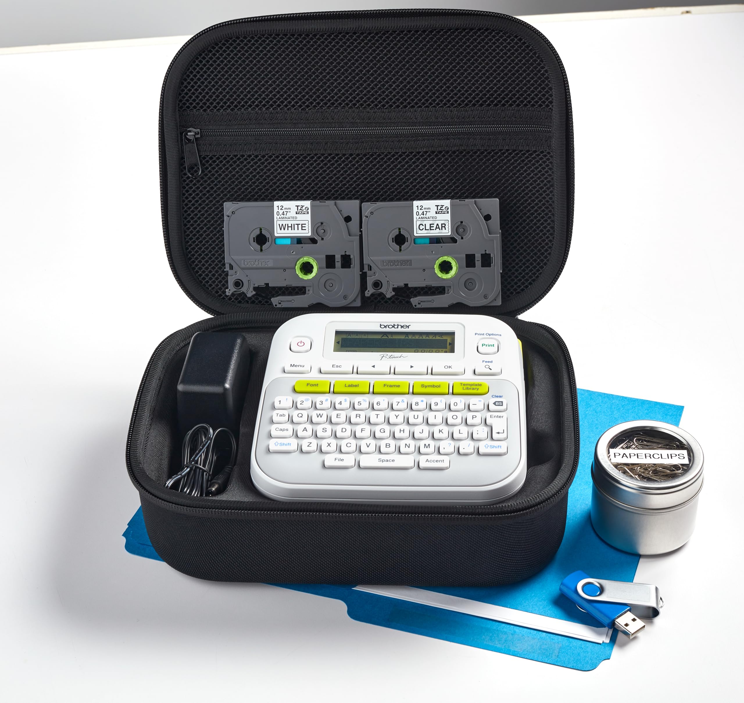 Brother PT-D210SV Label Maker Bonus Bundle Comes with a Protective Carrying case, an Adapter, and Two Sample Genuine TZe Label Tapes for Added Value.