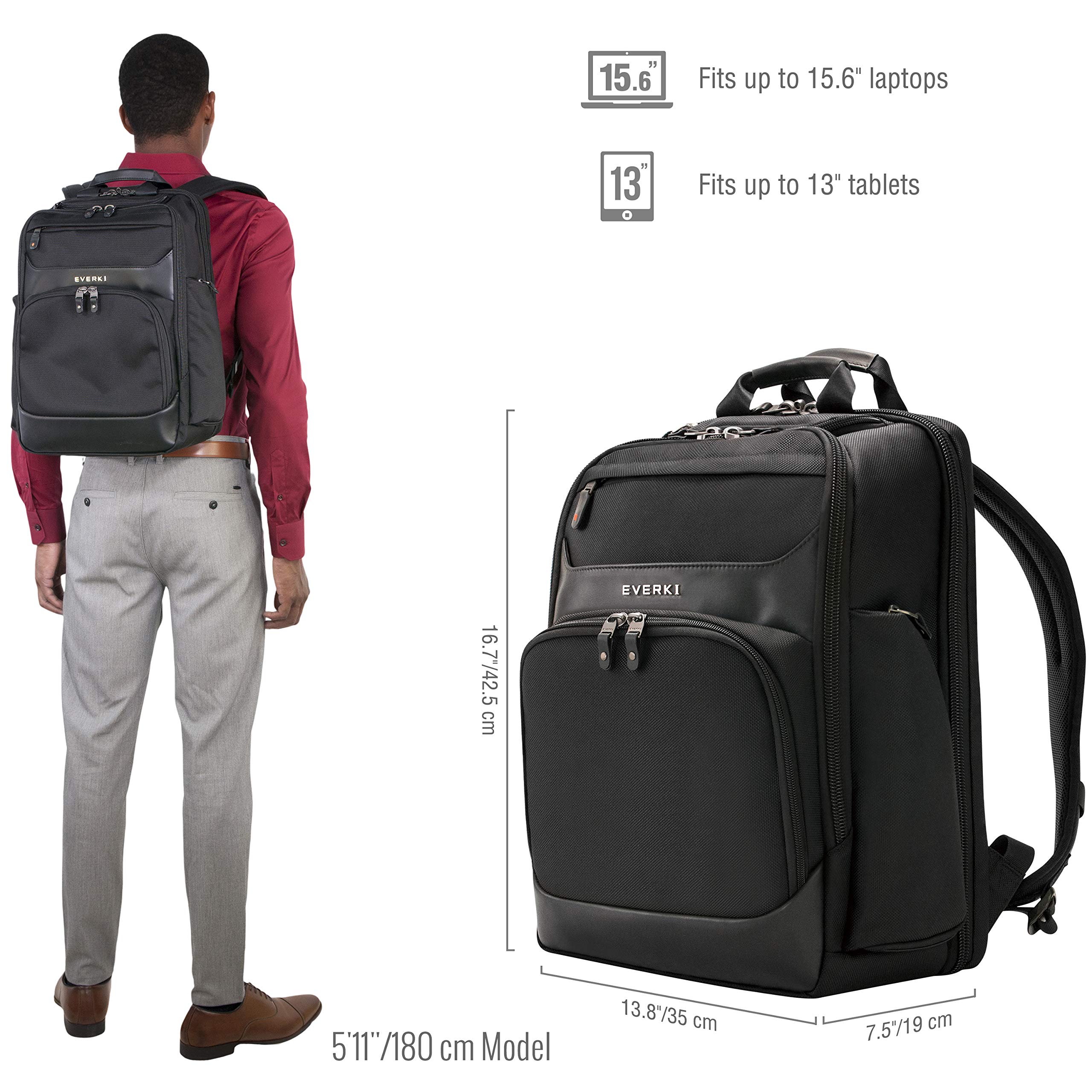 EVERKI Onyx Premium Business Executive 15.6-Inch Laptop Backpack, Ballistic Nylon and Leather, Travel Friendly (EKP132), Black