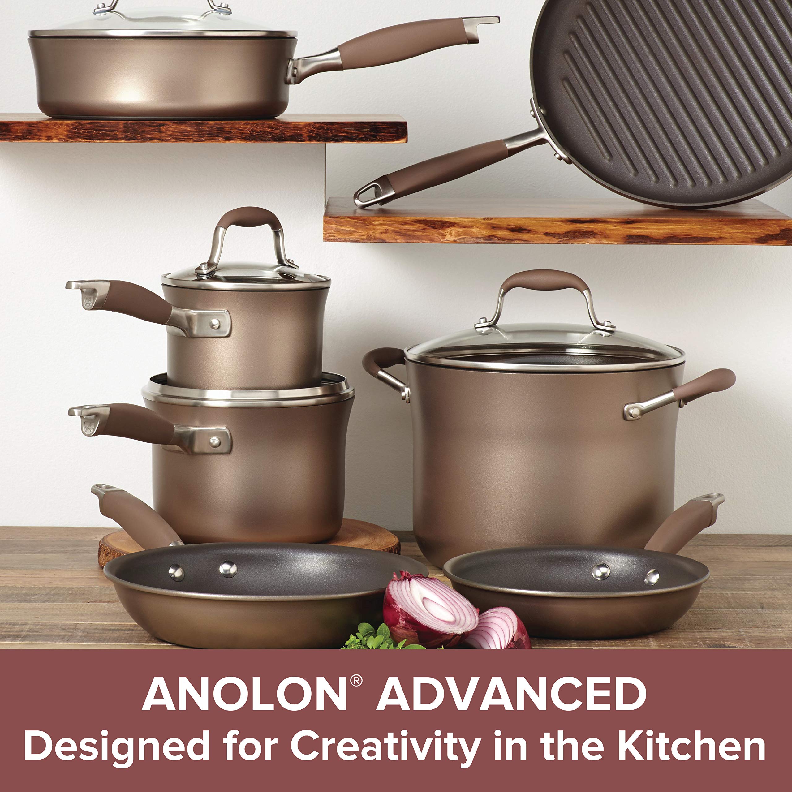 Anolon Advanced Nonstick Cookware Pots and Pans Set, 11-Piece, Bronze