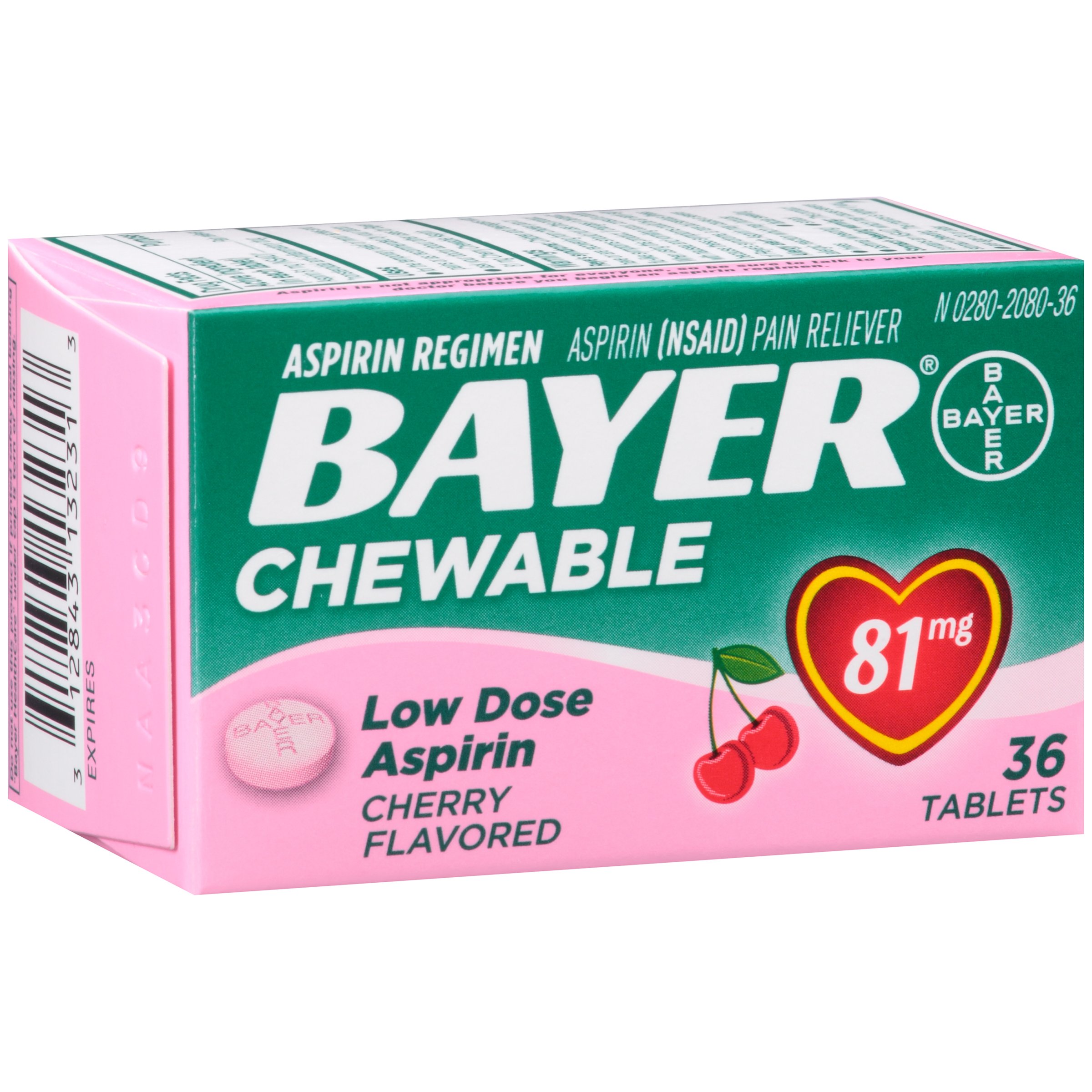 Bayer Aspirin Regimen, 81mg Chewable Tablets, Pain Reliever, Cherry, 36 Count (Pack of 2)