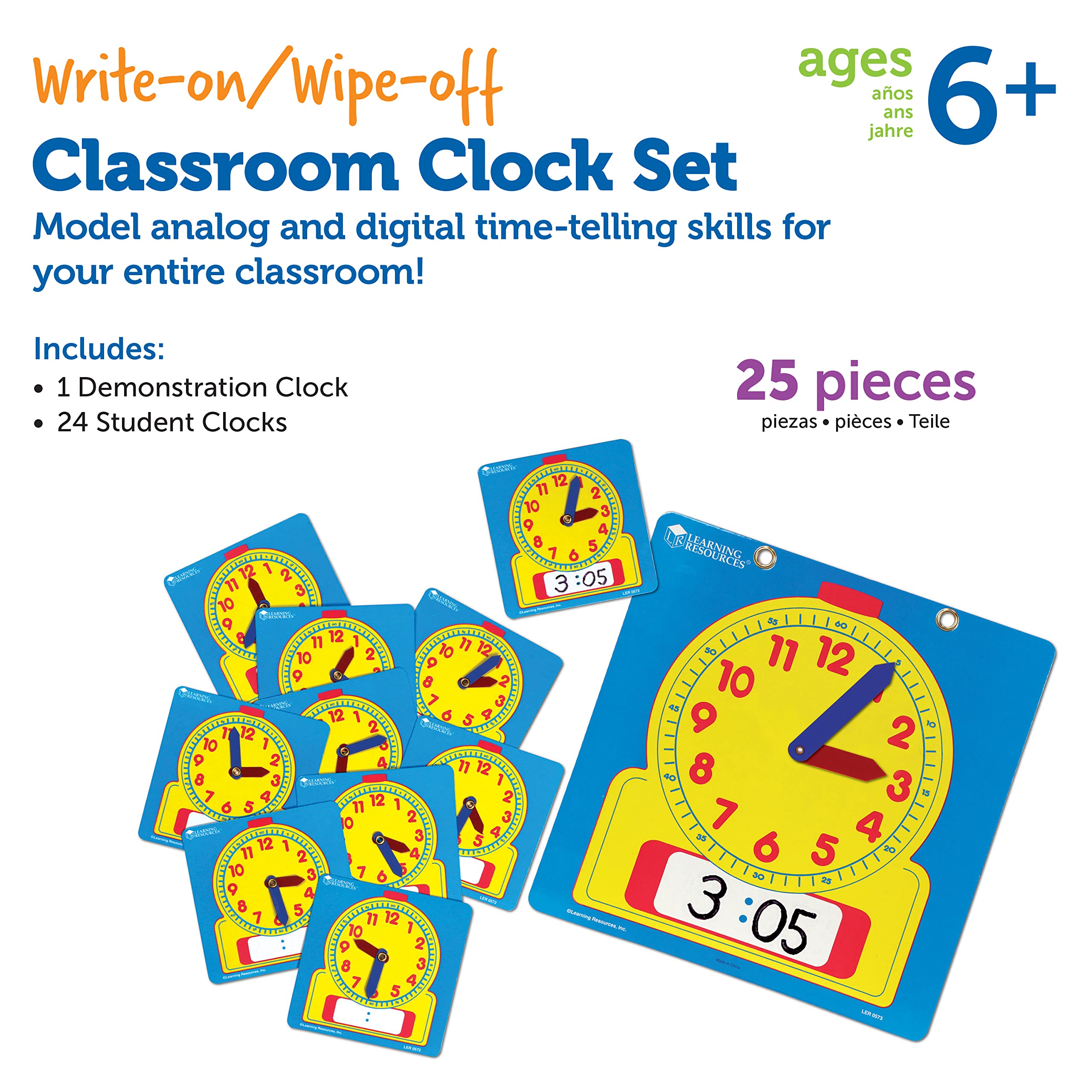 Learning Resources Write & Wipe Clocks Classroom Set - 25 Pieces, Ages 6+ Laminated Dry-Erase, Teaching Aids, Teacher Supplies, Learning Time,Back to School Supplies