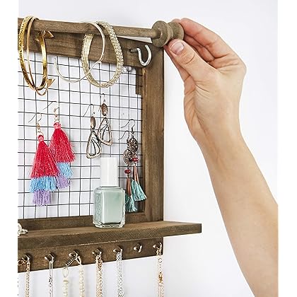 SoCal Buttercup Rustic Jewelry Organizer with Bracelet Rod Wall Mounted - Wooden Wall Mount Holder for Earrings, Necklaces, Bracelets, and Many Other Accessories