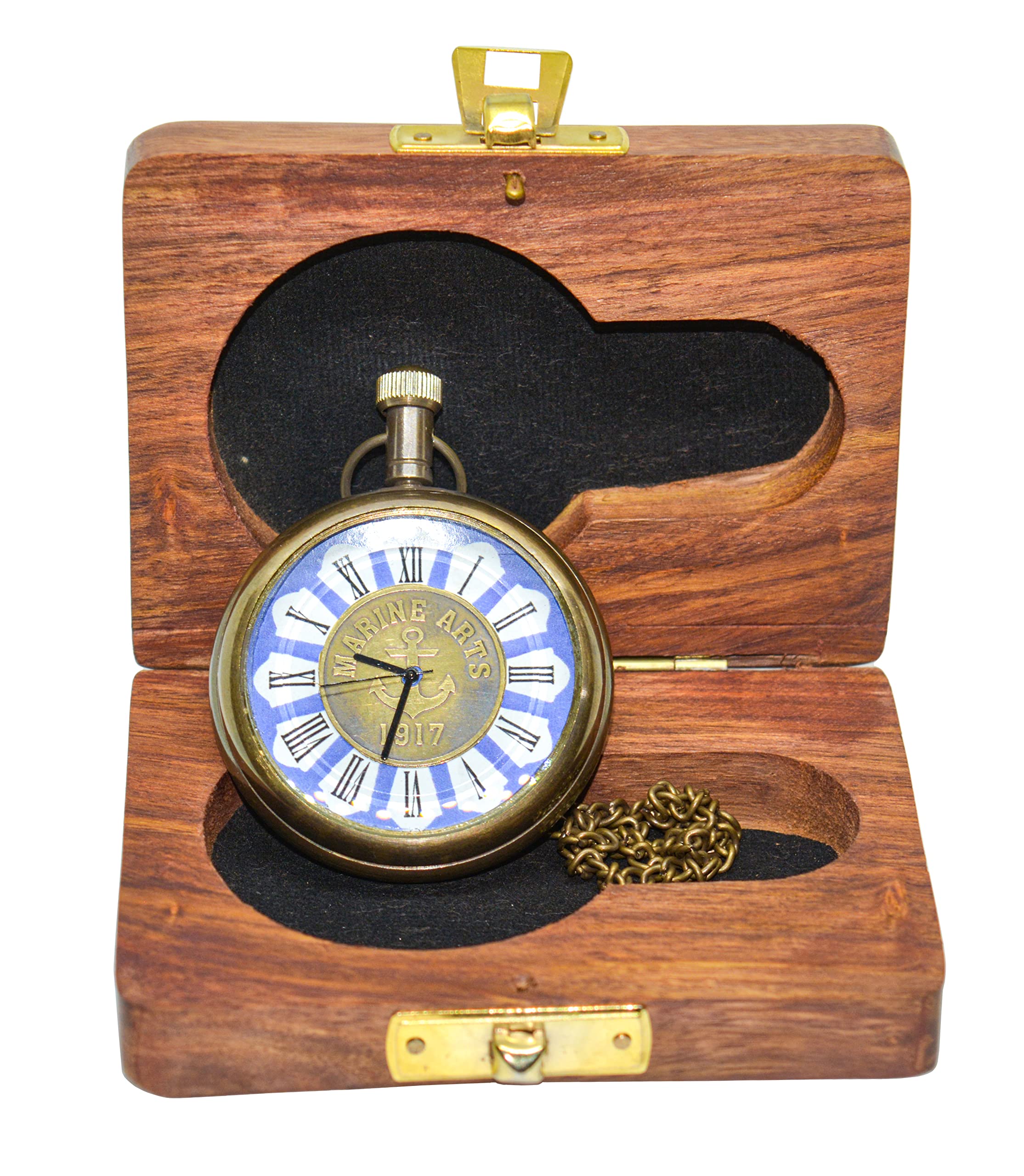 Hassanhandicrafts Antique Vintage Maritime Marine Art Brass Pocket Watch Fob Chronometer with Wooden Box