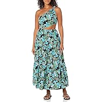 MOON RIVER Women's Tiered Shirred One Shoulder Knot Midi Dress