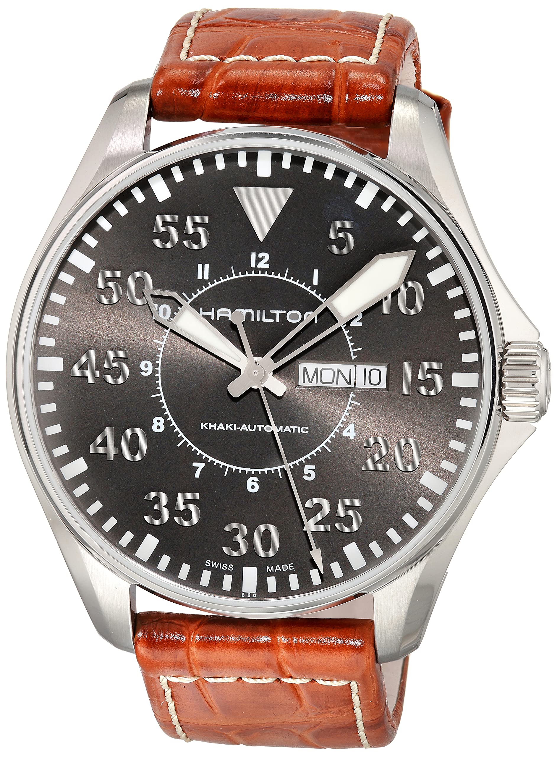 Hamilton Watch Khaki Aviation Pilot Day Date Swiss Automatic Watch 46mm Case, Grey Dial, Brown Leather Strap (Model: H64715885)