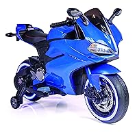 Ride On Toys Kid Motorcycle 12V 7AH Battery with Slow Start Function, Safety, High and Low Speed,Leather Seat Plastic Wheels with LED Lights, Have MP3 Player Function (Blue)