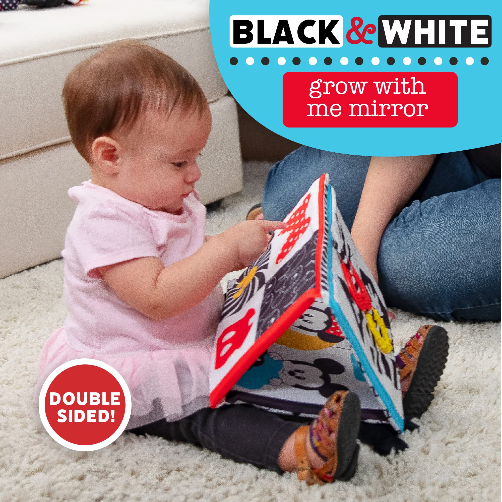 KIDS PREFERRED Disney Baby Mickey & Minnie Mouse Black and White High Contrast Grow with Me Mirror for Tummy Time and On The Go Fun, Multicolored
