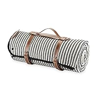 Twine Picnic Blanket - Waterproof Outdoor Blanket with Leather Carrying Straps and Picnic Stakes - Navy/White Striped 6pc Set of 1