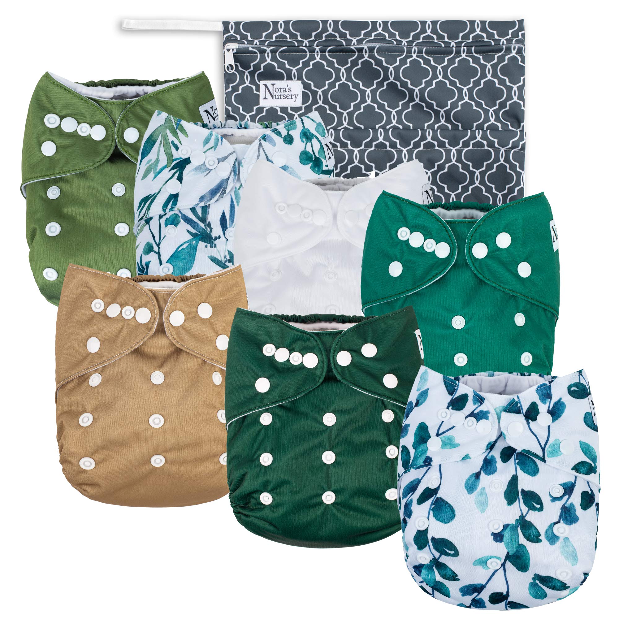 Nora's Nursery Cloth Diapers 7 Pack with 7 Bamboo Inserts & 1 Wet Bag - Waterproof Cover, Washable, Reusable & One Size Adjustable Pocket Diapers for Newborns and Toddlers - Sage and Sea