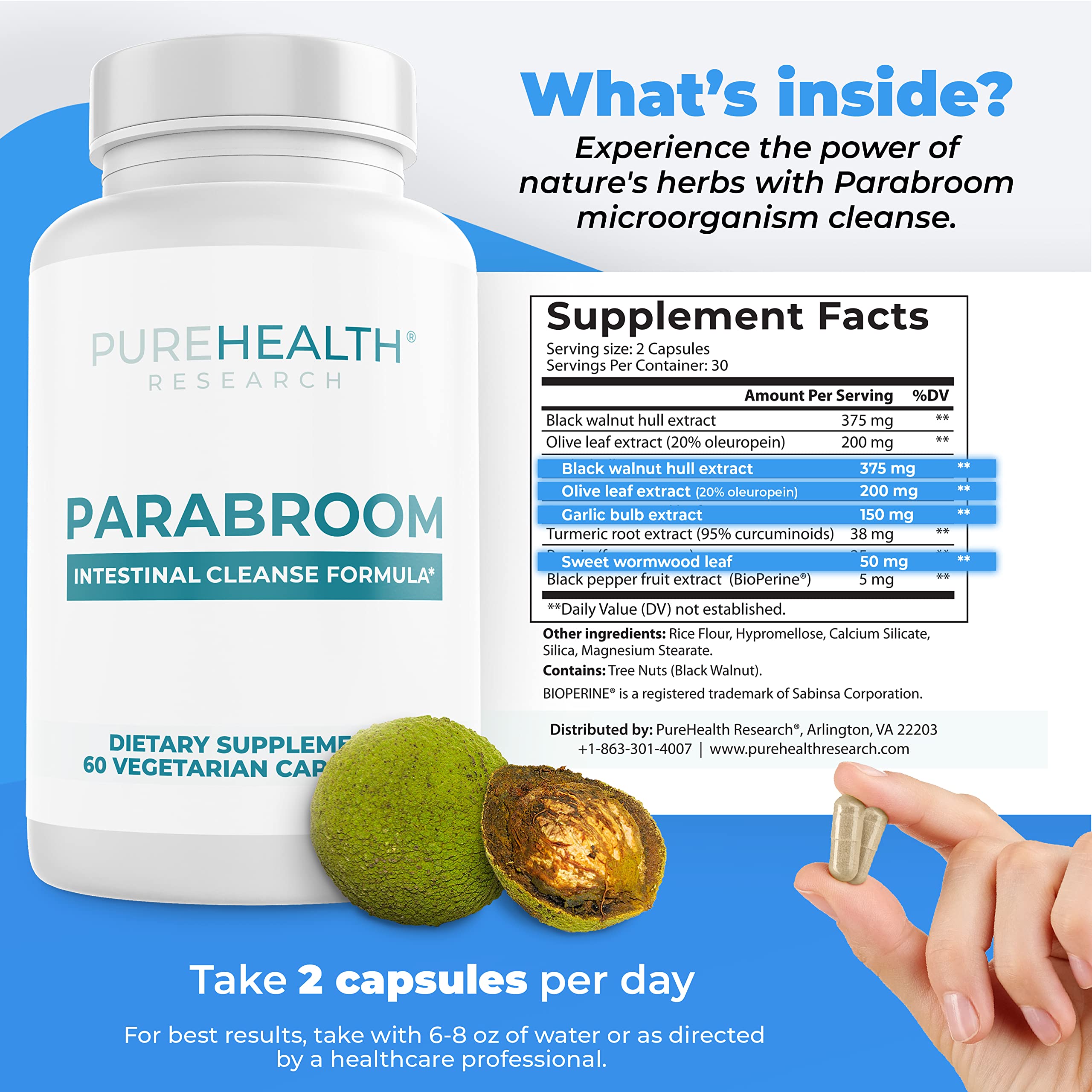 PUREHEALTH RESEARCH Parabroom Cleanse Formula - Wormwood Supplement with Black Walnut, Papain Turmeric, 60 Count