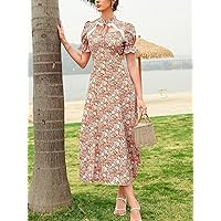 TLULY Dress for Women Allover Floral Print Tie Neck Flounce Sleeve Dress (Color : Orange, Size : X-Large)