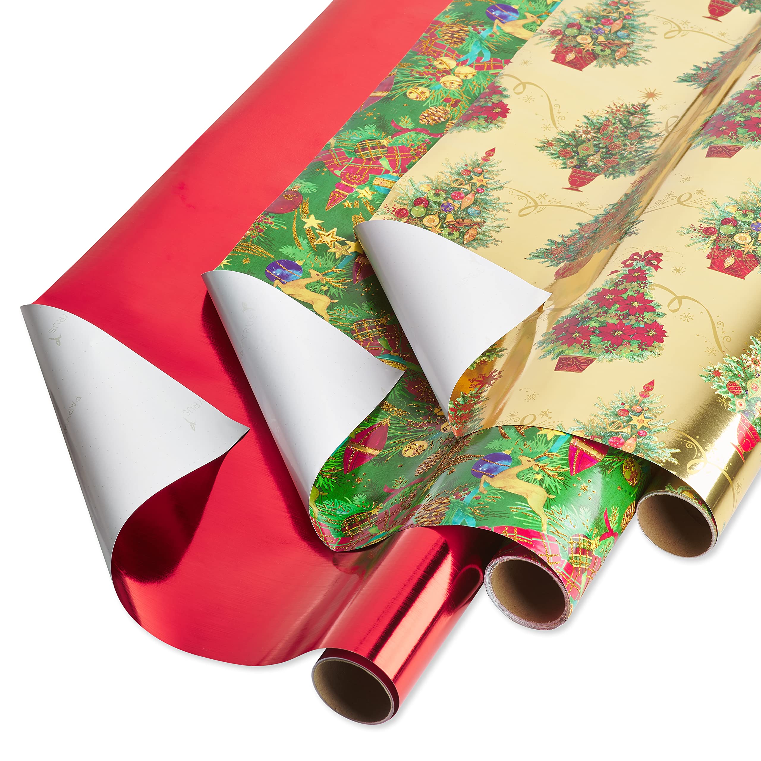 Papyrus Christmas Wrapping Paper Rolls, Metallic Red, Christmas Tree, Christmas Tidings (3 Rolls, 65 sq. ft.)