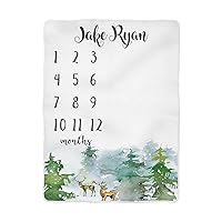 Personalized Forest Mountains Baby Milestone Blanket, Stag Deer Baby Blanket, Monthly Baby Blanket, Baby Boy Blanket