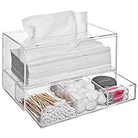Modern Clear Acrylic Facial Tissue Dispenser Holder with Pull-Our Drawer for Makeup Cosmetics and Accessories, Vanity Countertop Bathroom Supplies Caddy