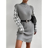 TLULY Sweater Dress for Women Houndstooth Pattern 2 in 1 Sweater Dress Without Belt Sweater Dress for Women (Color : Gray, Size : Medium)