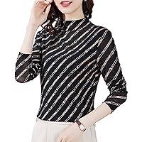 Women's Mesh Tops Fashion Long Sleeve Striped Print Silver Line Patchwork Stretchy Blouses Elegant Work Shirts