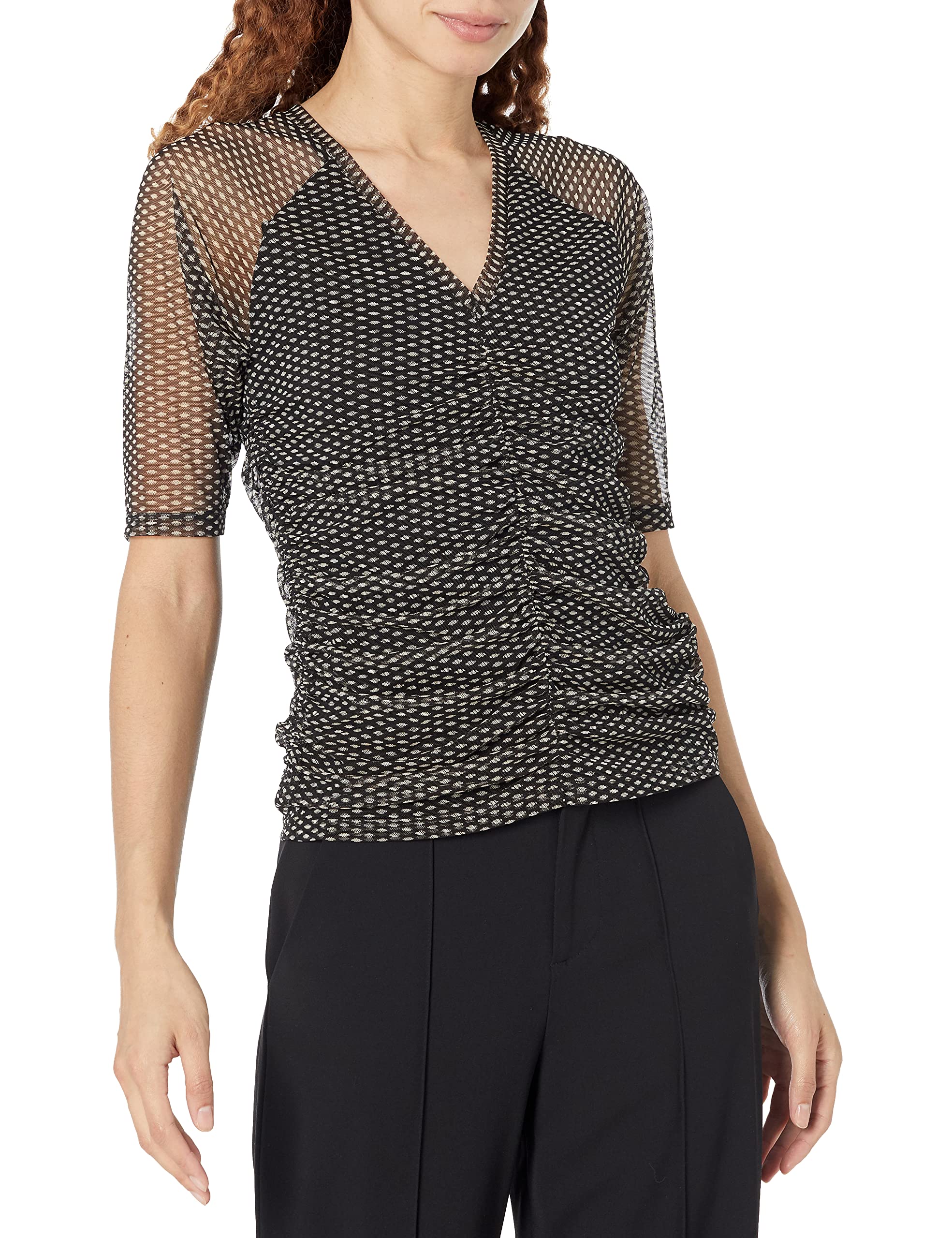 DKNY Women's Short Sleeve V-Neck Mesh Ruched Knit Top