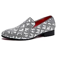 Mens Smoking Slipper Metallic Sparkling Glitter Checks Tuxedo Slip on Dress Shoes Loafers Shoes