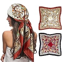 Fashion 2 PCS Womens Satin Scarf Large Square Silk Feeling Head Hair Scarves Wraps for Sleeping 35 x 35 inches