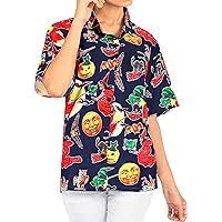 HAPPY BAY Women's Hawaiian Blouse Dresses Button Down Summer Vintage Shirt Tops Short Sleeve Halloween Haunted Shirts Blouses for Women XXL Scary Theme, Night Blue