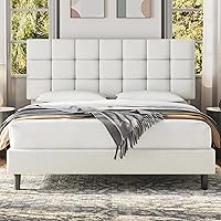 Yaheetech Queen Upholstered Bed Frame, Platform Bed Frame with Square Tufted Fabric Headboard Height Adjustable, Wooden Slats Support, No Box Spring Needed, Beige
