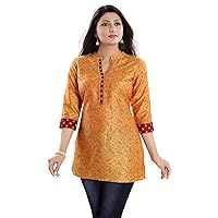 Indian Kurtis for Women - Luxurious Fine Fire Gold Cotton Silk Short Kurta Kameez Tunic