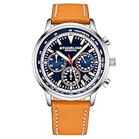 Stuhrling Original Chronograph Watch Men's Watches 44mm Steel Case Blue Dial with Leather Strap Tachymeter 24-Hour Subdial