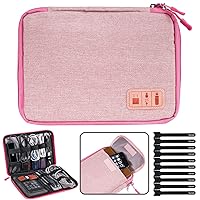 Travel Cable Organizer Bag Double Layer Waterproof Portable Electronic Accessories Organizer for USB Cable Cord Phone Charger Headset Wire SD Card with 10pcs Cable Ties(Pink)