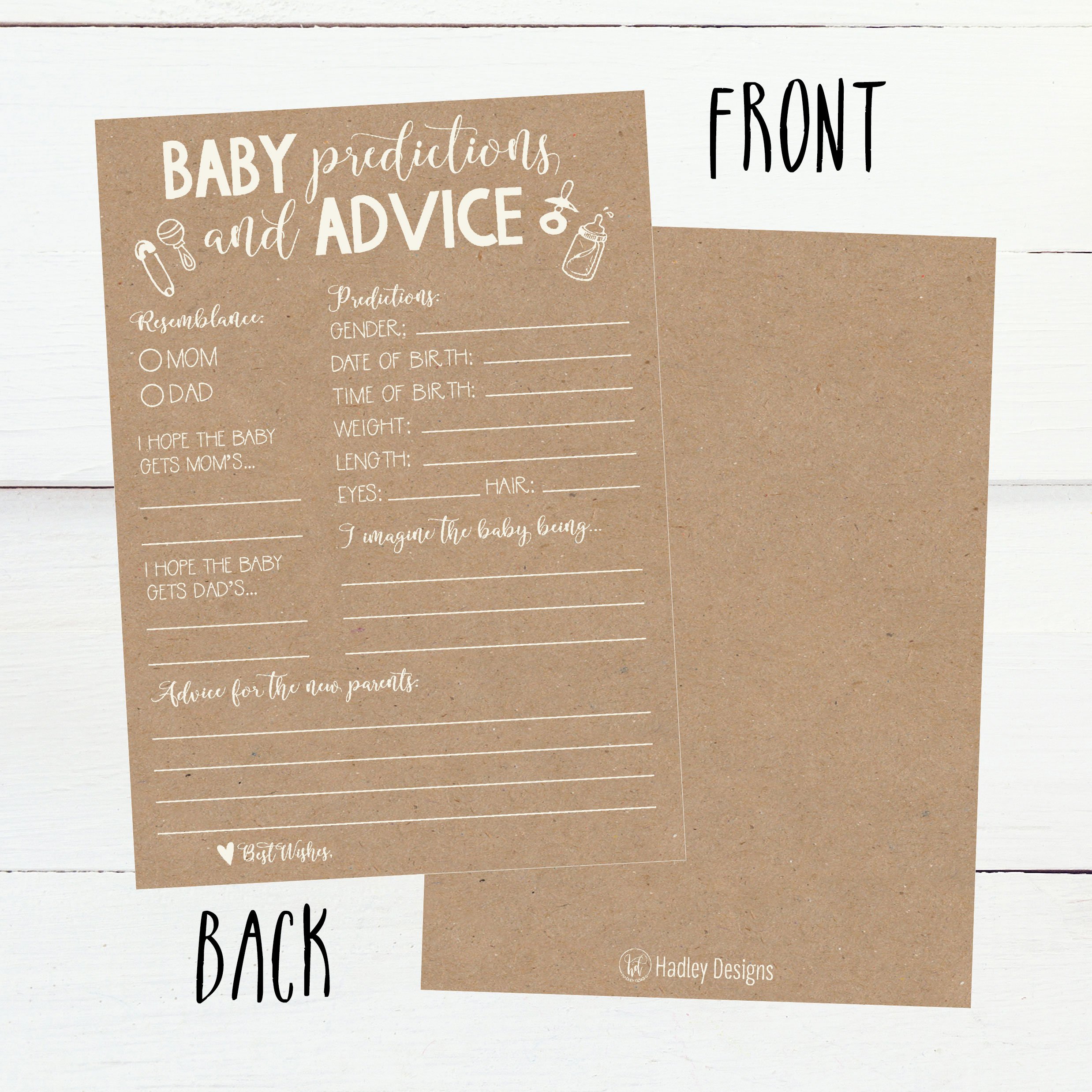 Hadley Designs 50 Rustic Advice and Prediction Cards for Baby Shower Game, New Mom & Dad Card or Mommy & Daddy To Be, For Girl or Boy Babies, Fun Gender Neutral Shower Party Favors