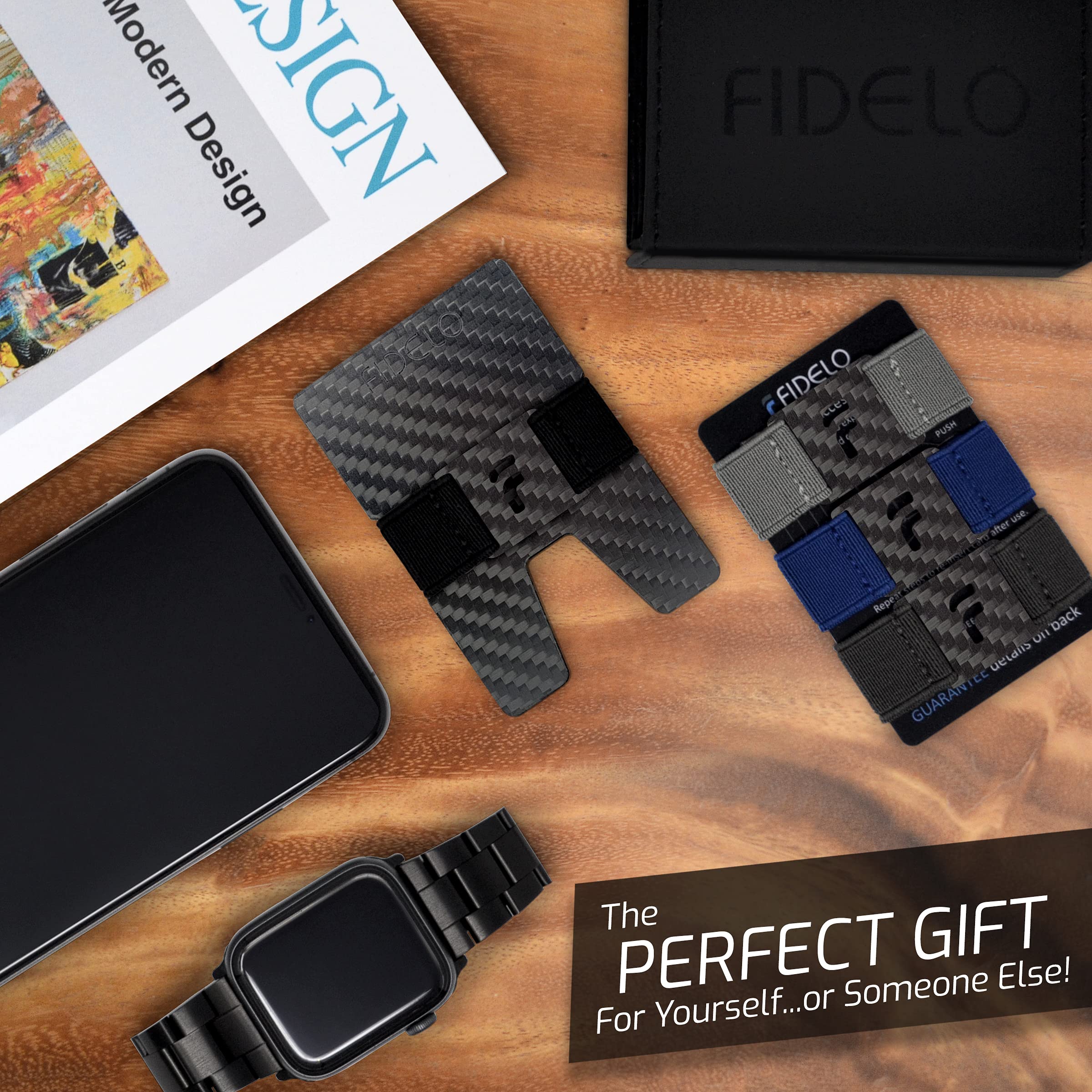 Fidelo Minimalist Wallet For Men - Slim RFID Blocking Mens Wallets Credit Card Holder. 3K Carbon Fiber. Compact Wallet Comes With 4 Cash Bands (Black, Dark Grey, Light Grey & Blue) - Prestige