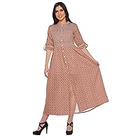 Printed Roll Up Sleeve Long Kurti Front Slit Tunic Dress for Women