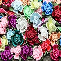 100Pcs Mix Color Satin Ribbon Flower Appliques Patches, Fabric Rose Flower Embellishments for Wedding Party, Clothing, Craft Project DIY (Assorted Color)