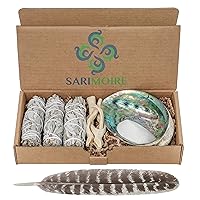 Sage Smudge Kit - White Sage Smudge Sticks - 4in ~ Abalone Shell 5-6in ~ 2in Tripod Stand ~ 9-12in Feather and White Sand