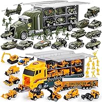 JOYIN 25 in 1 Green Military Big Truck Toys with 19 in 1 Die-cast Construction Toy Truck with Little Figures, Mini Construction Vehicles in Big Carrier Truck, Patrol Rescue Helicopter for Boys 3-9 Ye