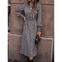 Dresses for Women - Ditsy Floral Print Lantern Sleeve Dress (Color : Chocolate Brown, Size : Small)