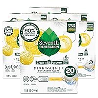 Seventh Generation Dishwasher Detergent Packs Lemon scent Pack of 6 for sparkling dishes Dishwasher tabs, 20 count