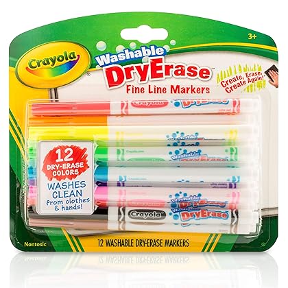 Crayola Washable Dry-Erase Fine Line Markers, 12 Classic Colors NonToxic Art Tools for Kids & Toddlers 3+