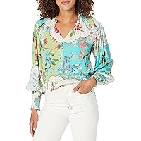 Women's Ruffle Neck Button Front Printed Top with Smocked Sleeves
