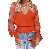 MEROKEETY Women's 2024 V Neck Lace Long Sleeve Ribbed Knit Sweater Solid Color Pullover Tops