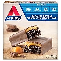 Atkins Caramel Double Chocolate Crunch Snack Bar, Protein Snack, High in Fiber, 2g Sugar, Keto Friendly, 5 Count
