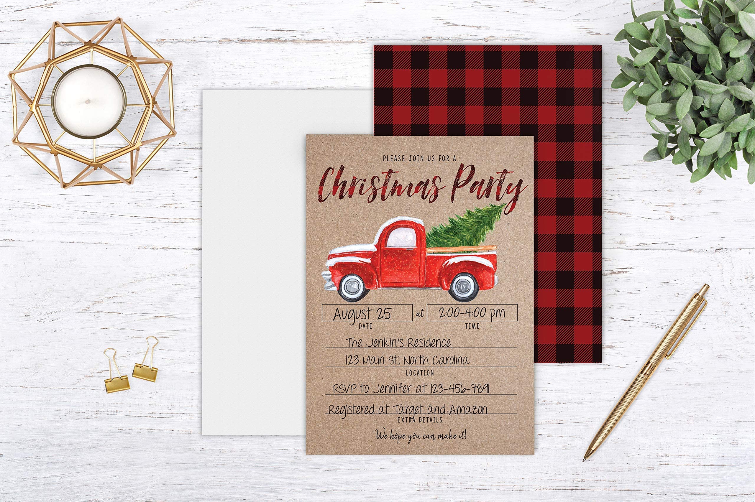 Your Main Event Prints Rustic Christmas Party Invitation with Red Truck and Christmas Tree, Holiday Party Invite, Christmas Party, Holiday Party Invitations, 20 Fill in Invitations and Envelopes